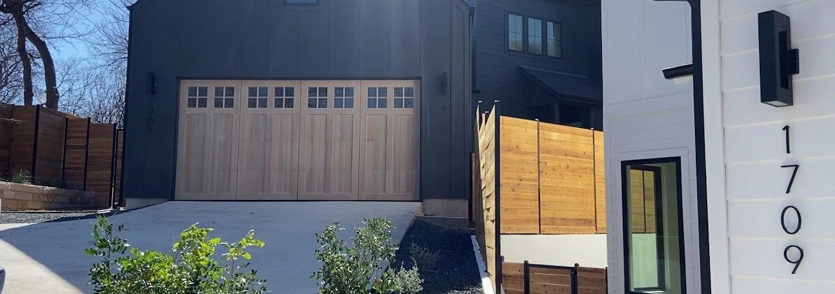 Wood carriage-style garage door, wide view, R&Y Garage Door Repair