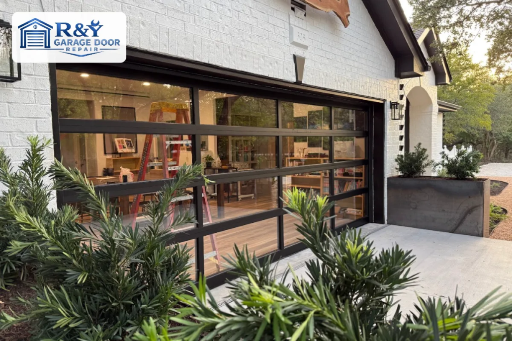 Full-view aluminum and glass garage door installed by R&Y Garage Door Repair