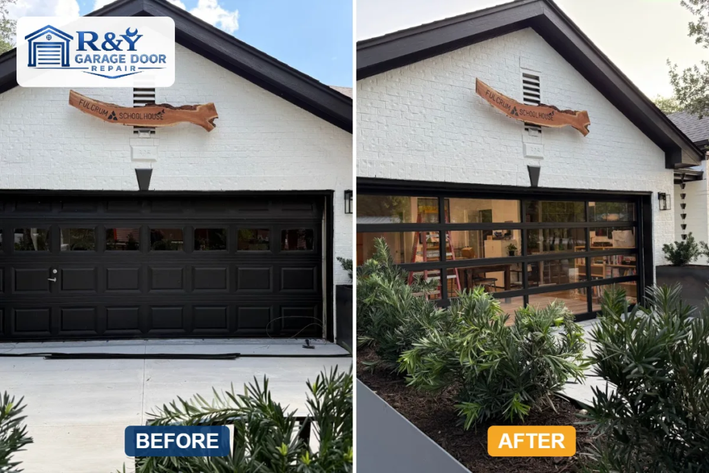 Garage door replacement before and after: traditional black door replaced with a full-view door by R&Y